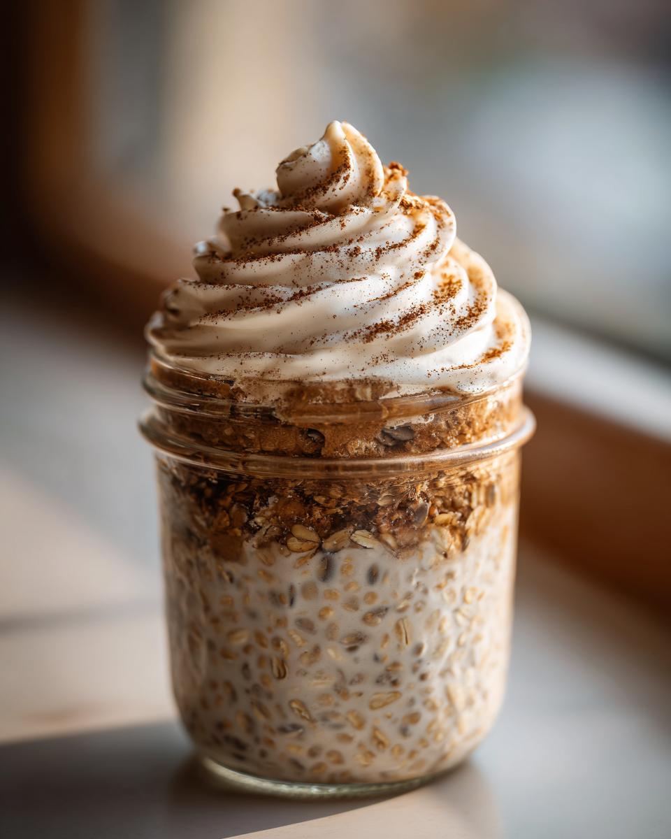 A jar of cinnamon roll overnight oats topped with whipped cream and cinnamon, perfect for breakfast ideas.