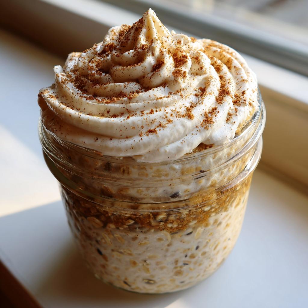 A jar of Cinnamon Roll Overnight Oats topped with whipped cream and a sprinkle of cinnamon.