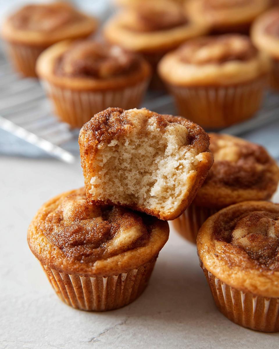 Close-up of Cinnamon Roll Protein Muffins, one with a bite taken out, showing the fluffy interior.