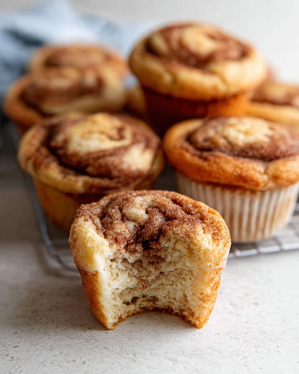 A close-up of a Cinnamon Roll Protein Muffin with a bite taken out, showing the fluffy interior and cinnamon swirl.