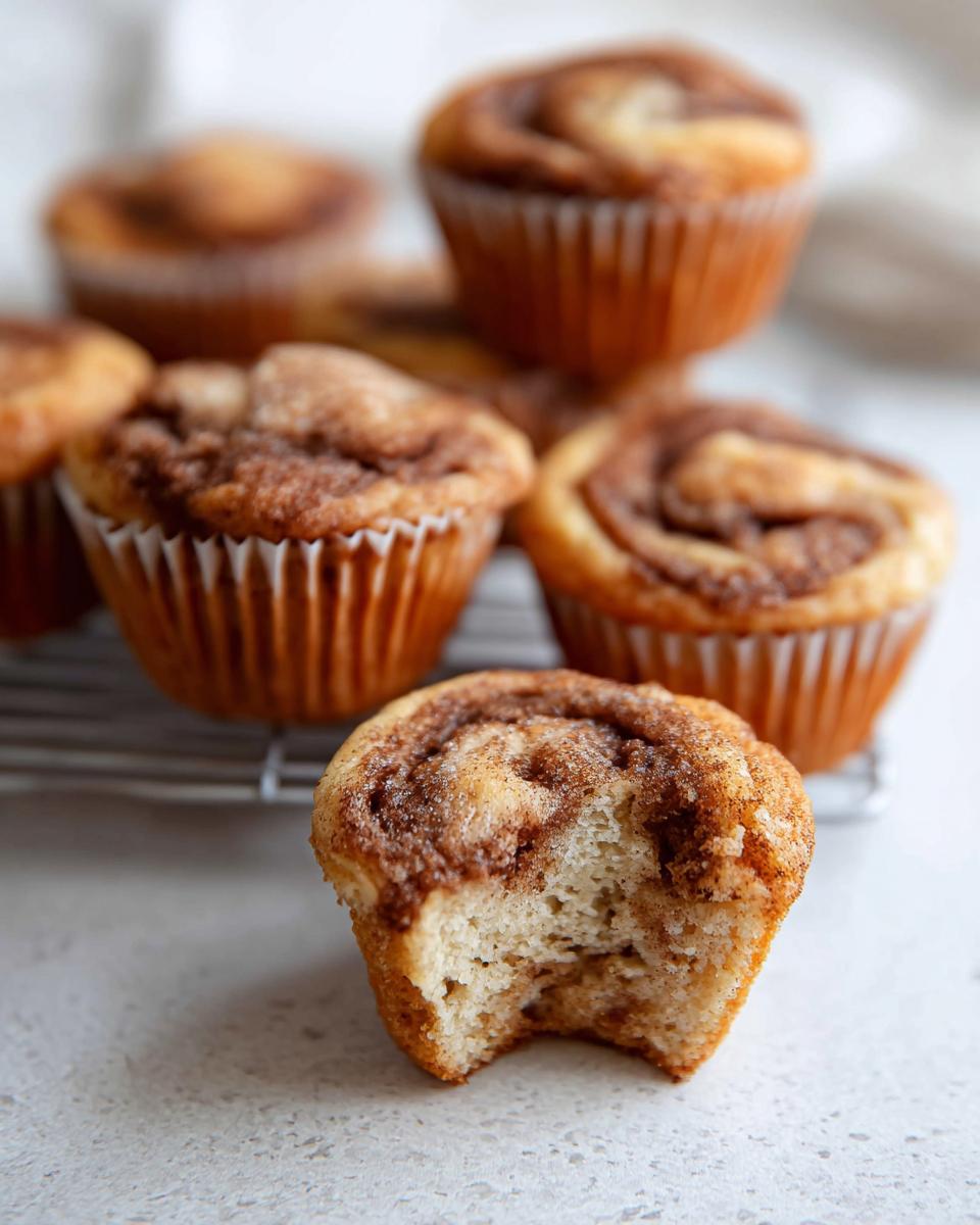 Close-up of a Cinnamon Roll Protein Muffin with a bite taken out, showing the fluffy interior and cinnamon swirl.