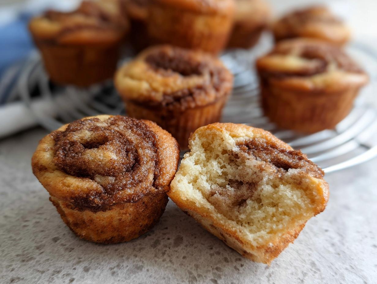 Close-up of a Cinnamon Roll Protein Muffin, with one muffin broken in half to show the swirled cinnamon filling.
