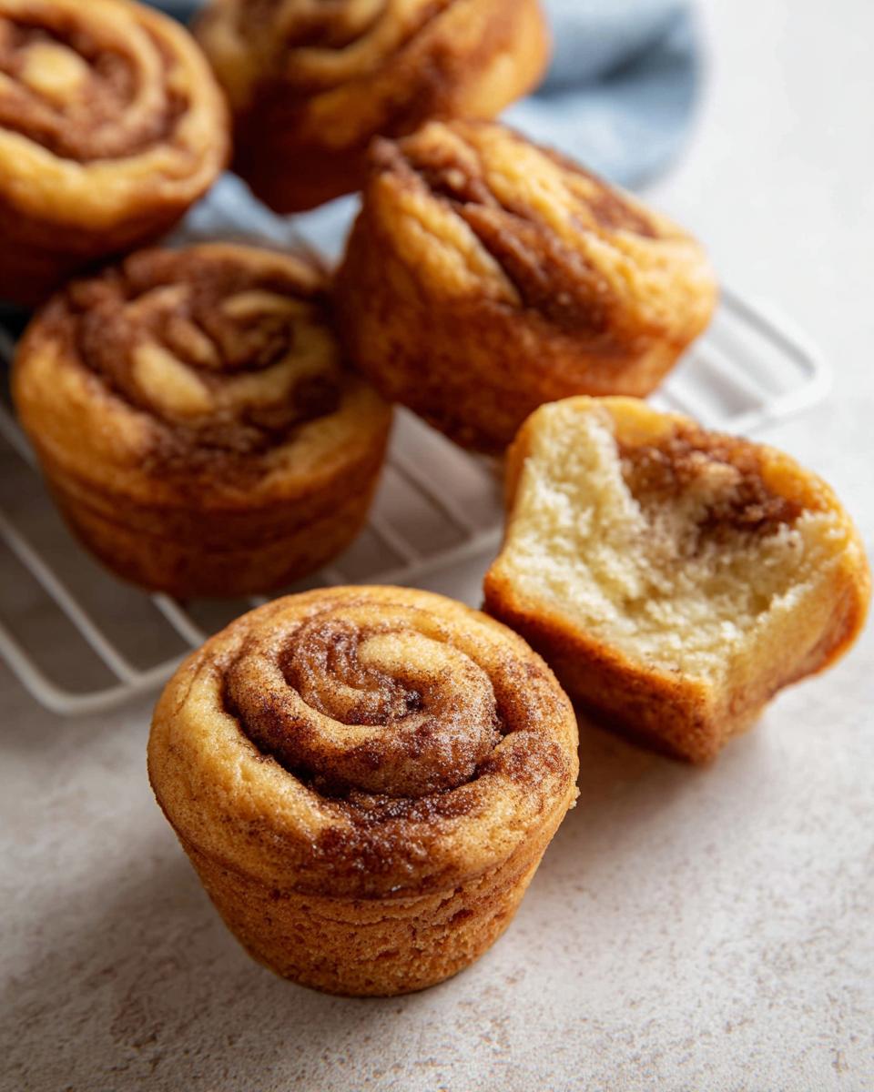 Close-up of golden brown Cinnamon Roll Protein Muffins with a swirl of cinnamon sugar, one muffin is broken in half.