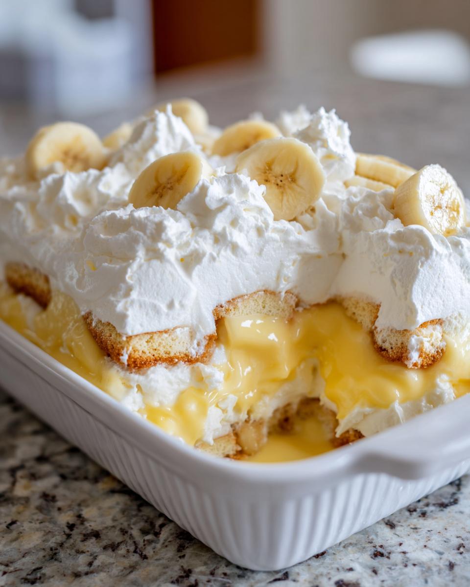 A white baking dish filled with classic banana pudding, layered with vanilla wafers, creamy pudding, and topped with homemade whipped cream and banana slices.