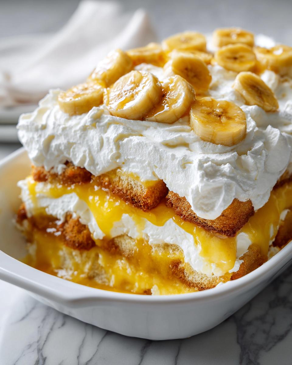 Close-up of a layered classic banana pudding with homemade whipped cream and fresh banana slices on top.