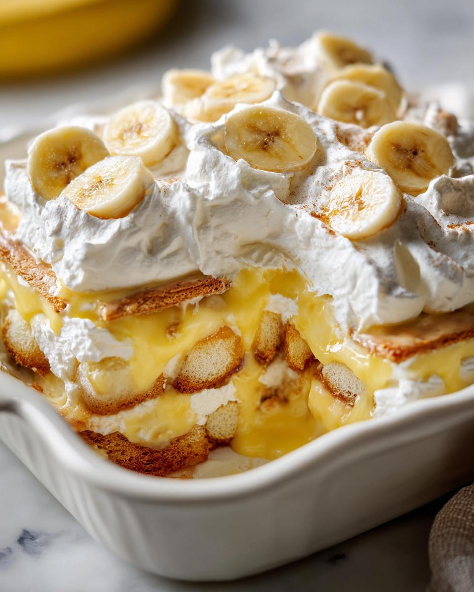 A close-up of classic banana pudding with layers of vanilla custard, wafers, and fresh banana slices topped with homemade whipped cream.