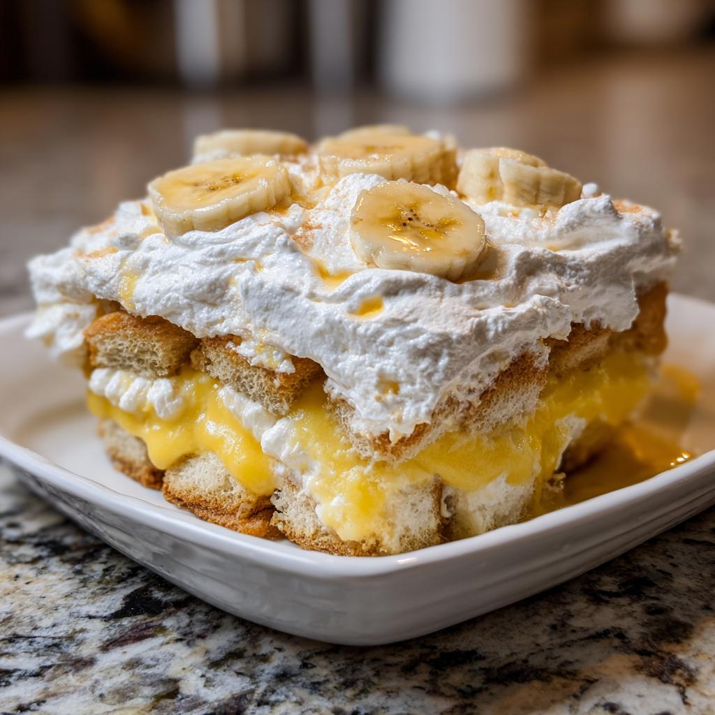 A decadent slice of classic banana pudding with layers of vanilla wafers, creamy pudding, and fresh whipped cream, topped with banana slices.