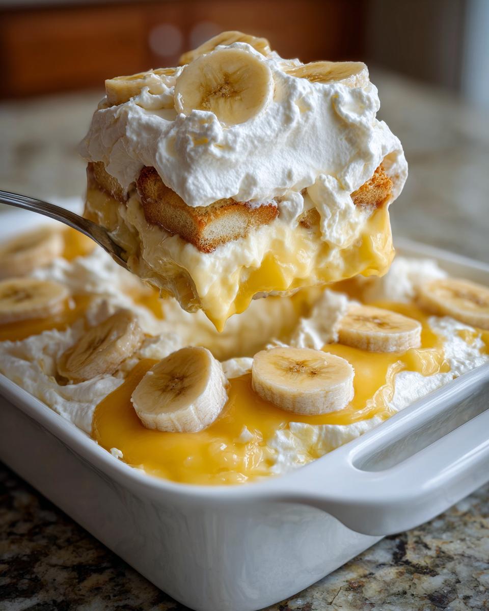 A spoonful of classic banana pudding with layers of vanilla wafers, creamy pudding, and homemade whipped cream, topped with banana slices.
