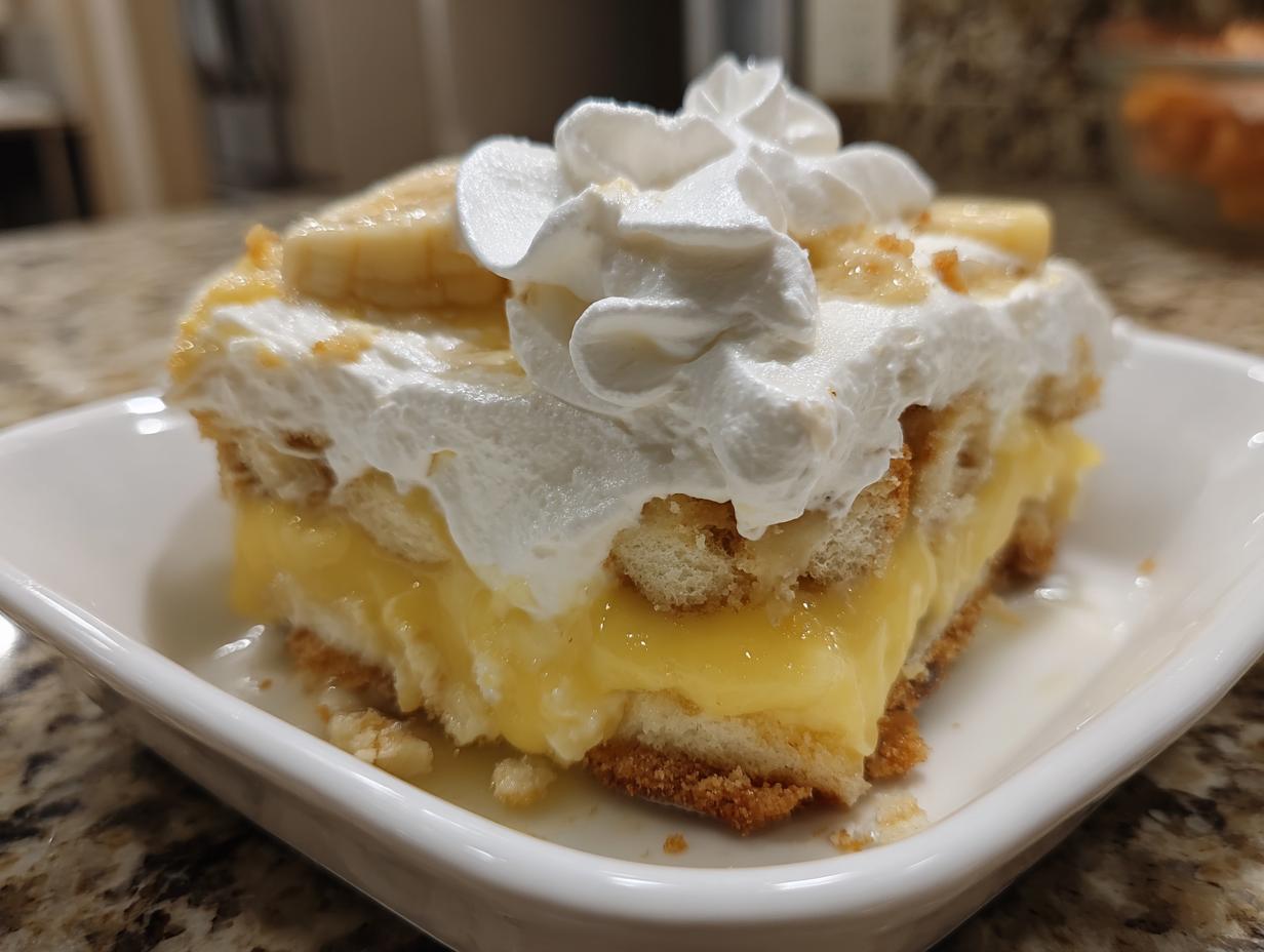 A slice of classic banana pudding with layers of vanilla wafers, creamy pudding, and homemade whipped cream, topped with banana slices.
