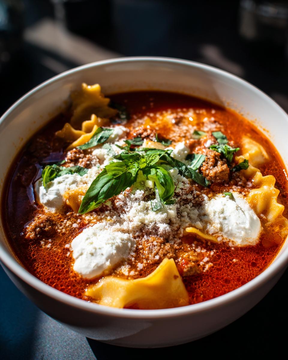 A close-up of a bowl of Classic Lasagna Soup, featuring pasta, rich tomato broth, ground meat, dollops of ricotta, and fresh basil.