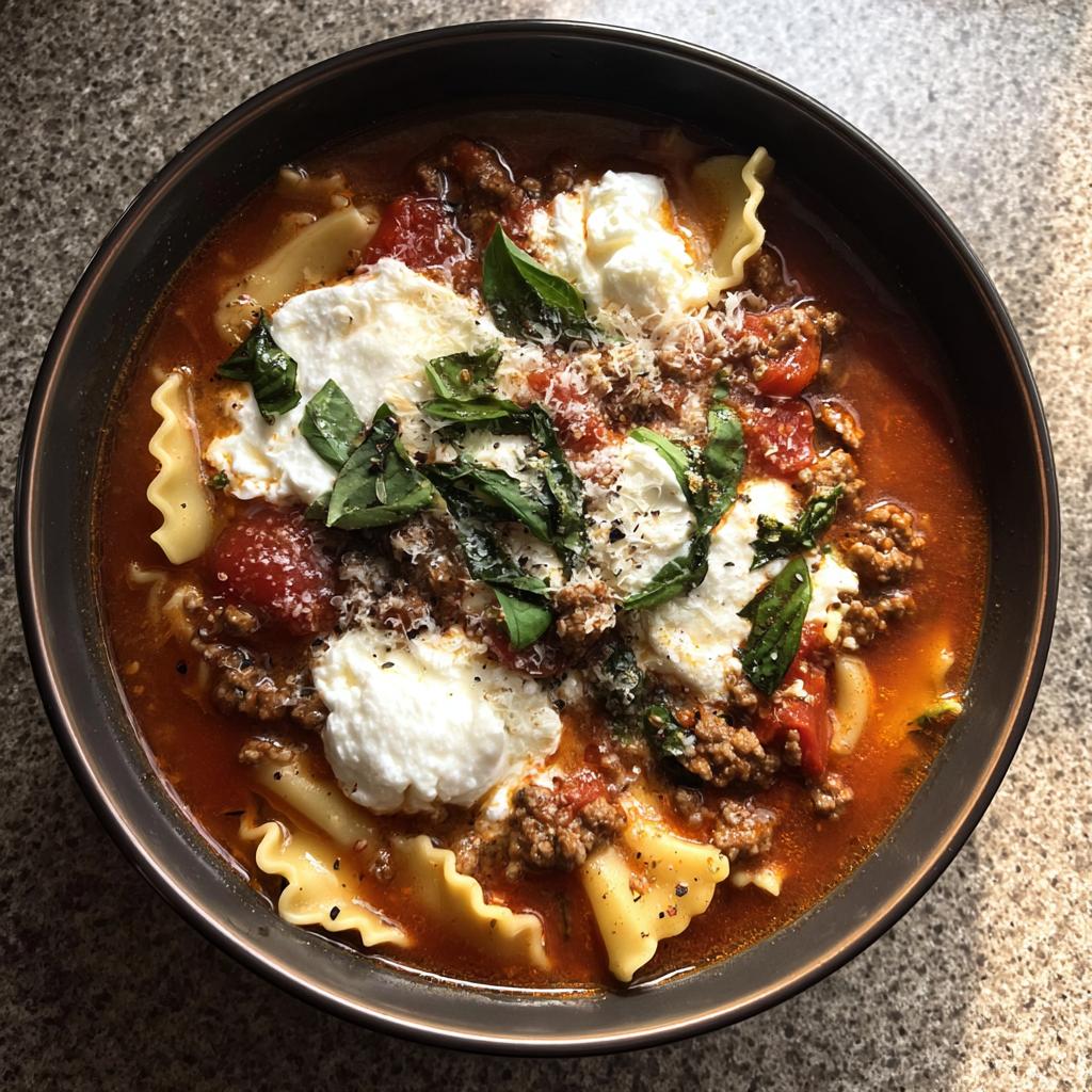 A hearty bowl of classic lasagna soup with pasta, ground meat, tomatoes, and dollops of ricotta cheese, garnished with basil.