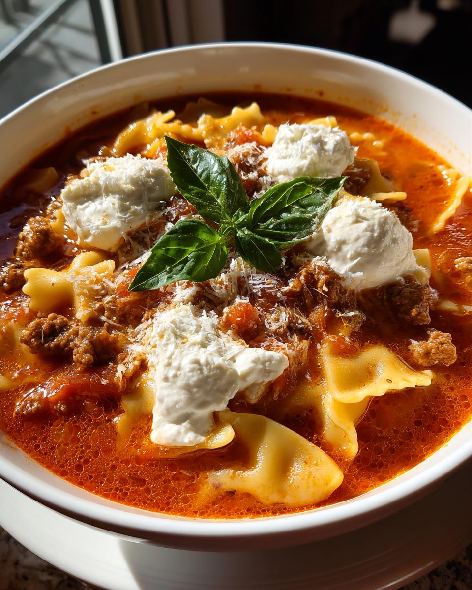 A close-up of a bowl of Classic Lasagna Soup, featuring pasta, meat sauce, dollops of ricotta, and a basil garnish.