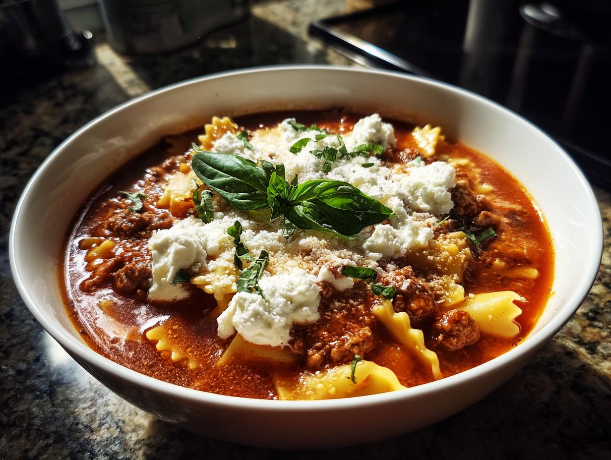 A hearty bowl of Classic Lasagna Soup, featuring pasta, rich tomato broth, ground meat, and dollops of ricotta cheese, garnished with fresh basil.