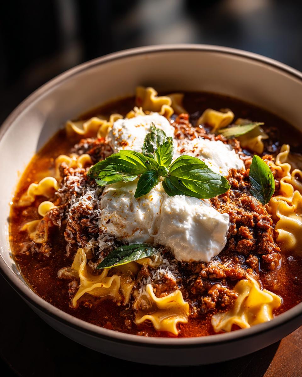 Close-up of a bowl of classic lasagna soup with pasta, rich meat sauce, dollops of ricotta, and fresh basil.