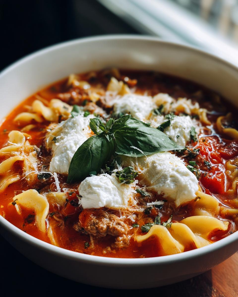 A bowl of classic lasagna soup with pasta, meat sauce, dollops of ricotta cheese, and fresh basil.