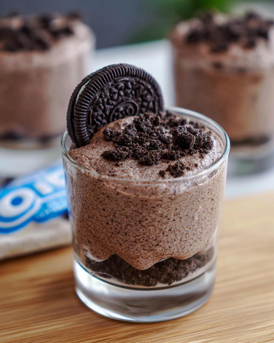 A single serving of Cookies and Cream Mousse in a glass, topped with crushed Oreos and a whole Oreo cookie.