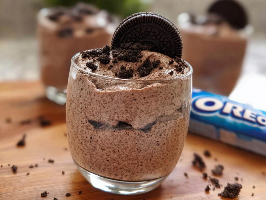 A close-up of a glass filled with creamy Cookies and Cream Mousse, topped with crushed cookies and an Oreo.