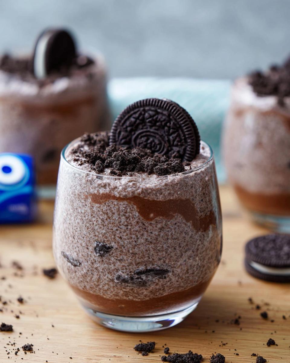 A glass of creamy Cookies and Cream Mousse topped with crushed cookies and an Oreo cookie.