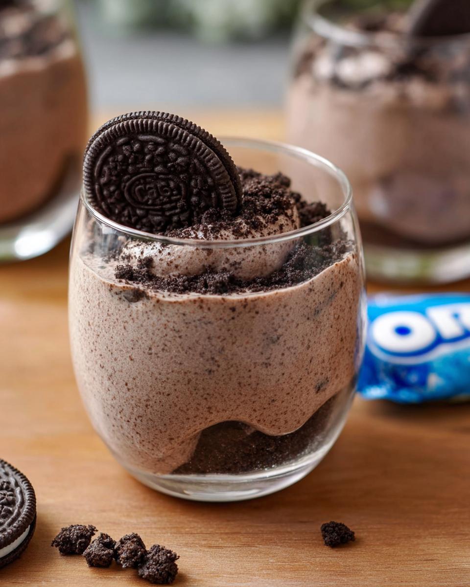 A decadent glass of Cookies and Cream Mousse topped with crushed Oreos and a whole cookie.