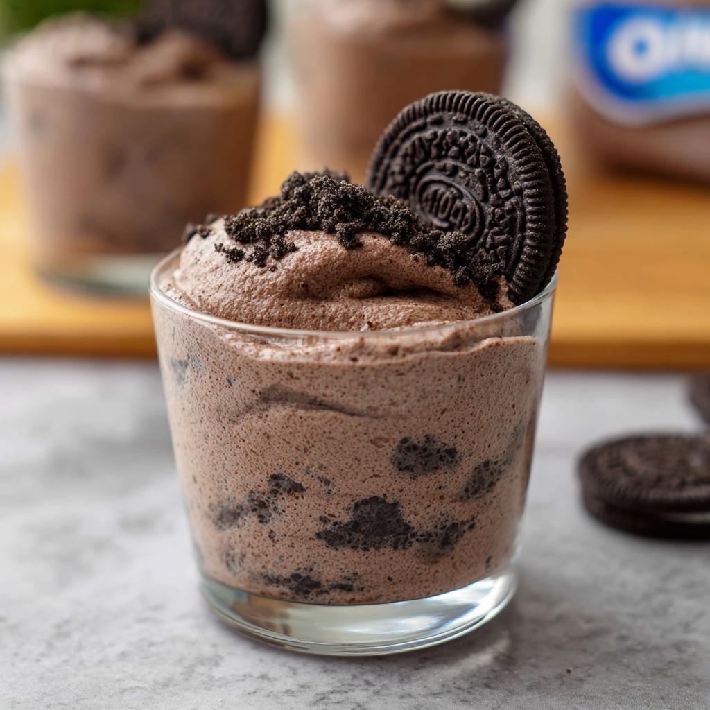 A close-up of a glass filled with creamy Cookies and Cream Mousse, topped with crushed Oreos and a whole Oreo cookie.
