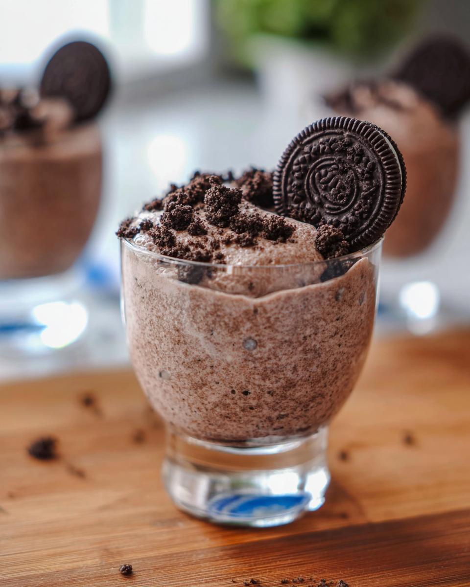 A close-up of a glass filled with creamy Cookies and Cream Mousse, topped with crushed Oreos and a whole Oreo cookie.