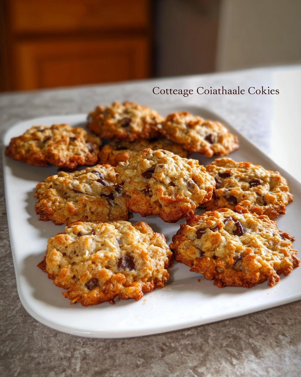 A plate of freshly baked cottage cheese oatmeal cookies with chocolate chips.