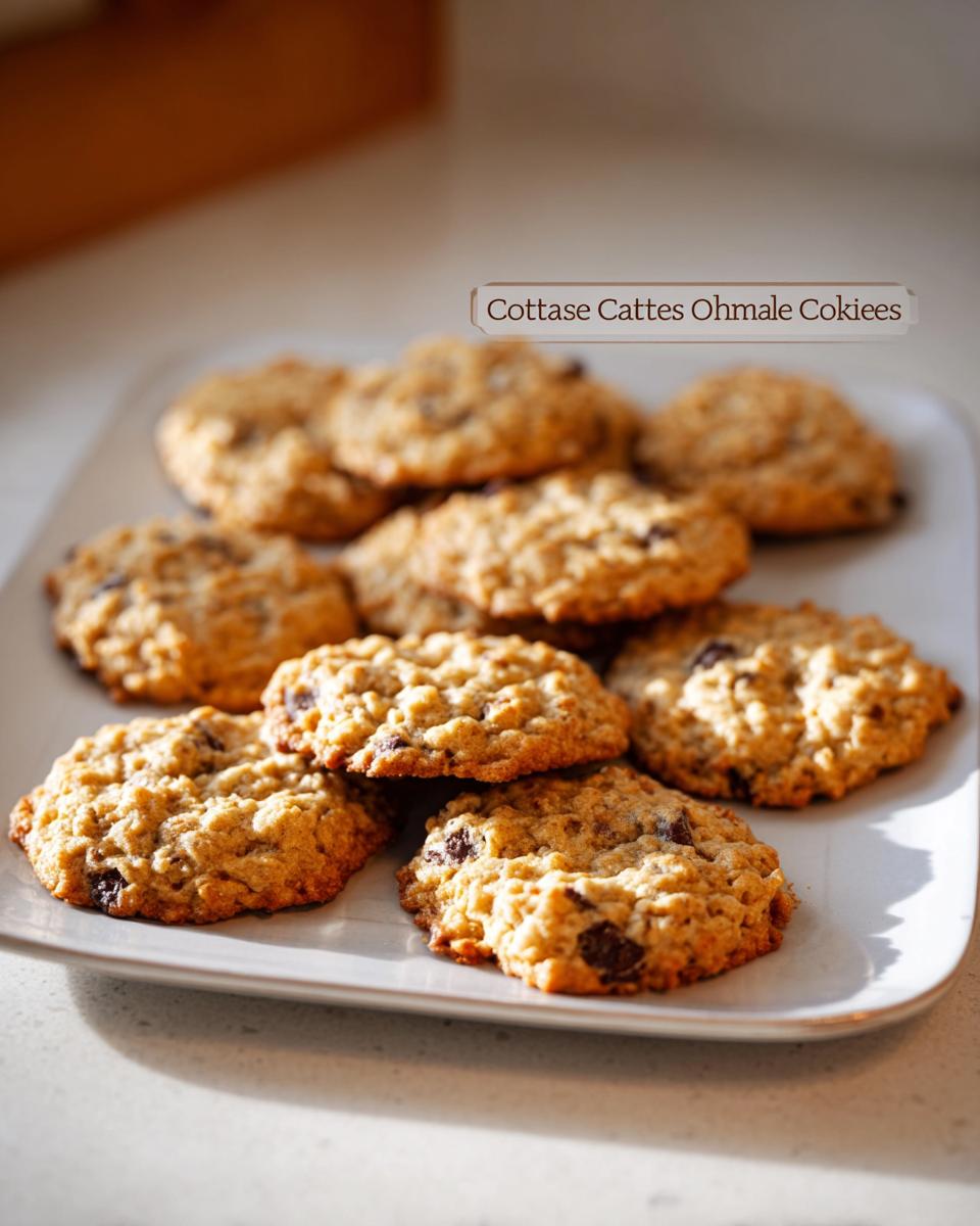 A stack of golden-brown cottage cheese oatmeal cookies with chocolate chips on a white plate.