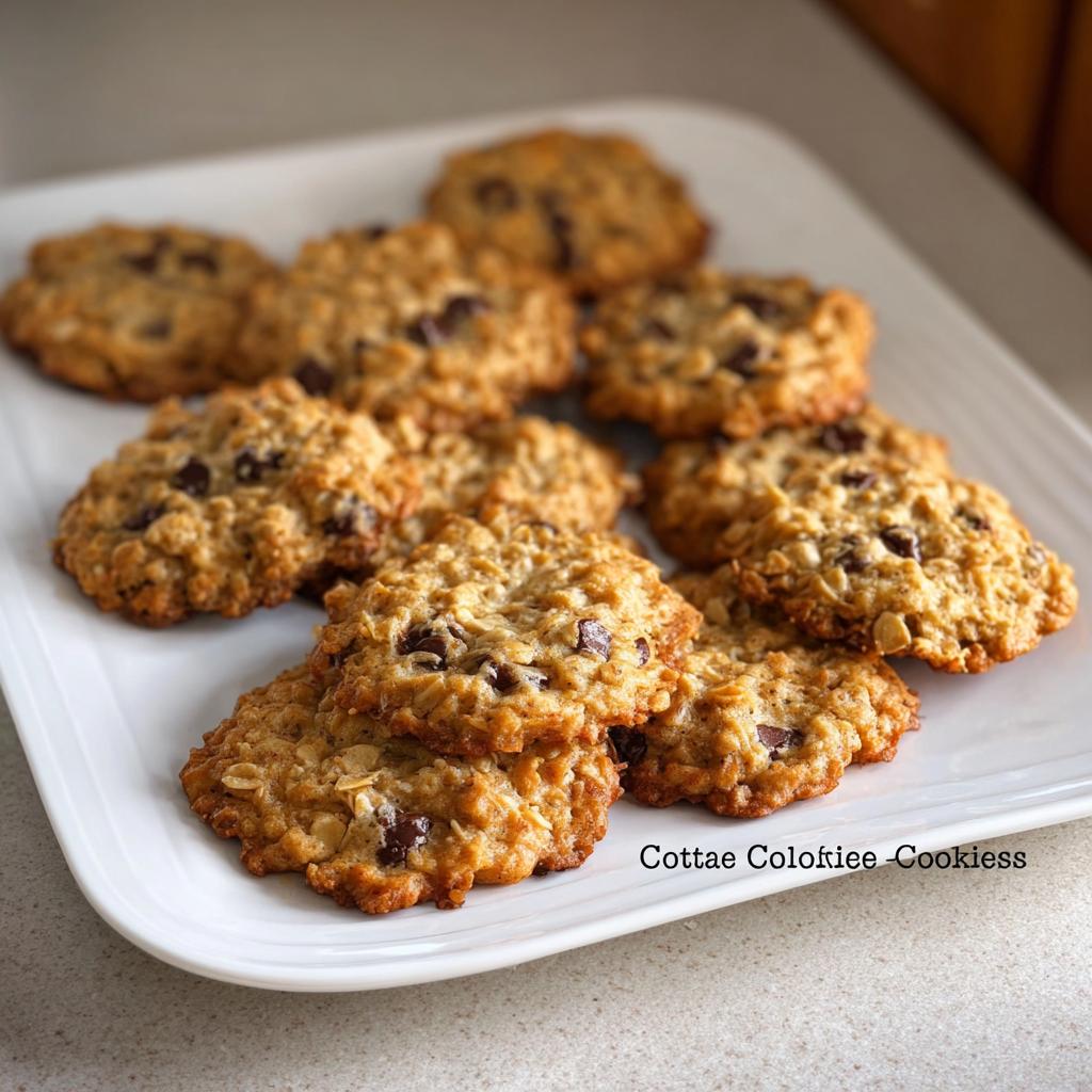 A plate of freshly baked cottage cheese oatmeal cookies with chocolate chips, perfect for a healthy snack.