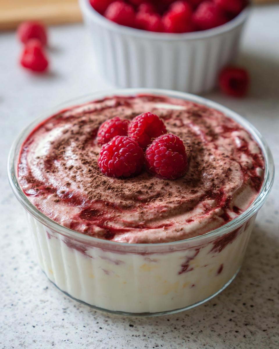 A delicious Cottage Cheese Raspberry Mousse in a glass bowl, topped with fresh raspberries and cocoa powder.