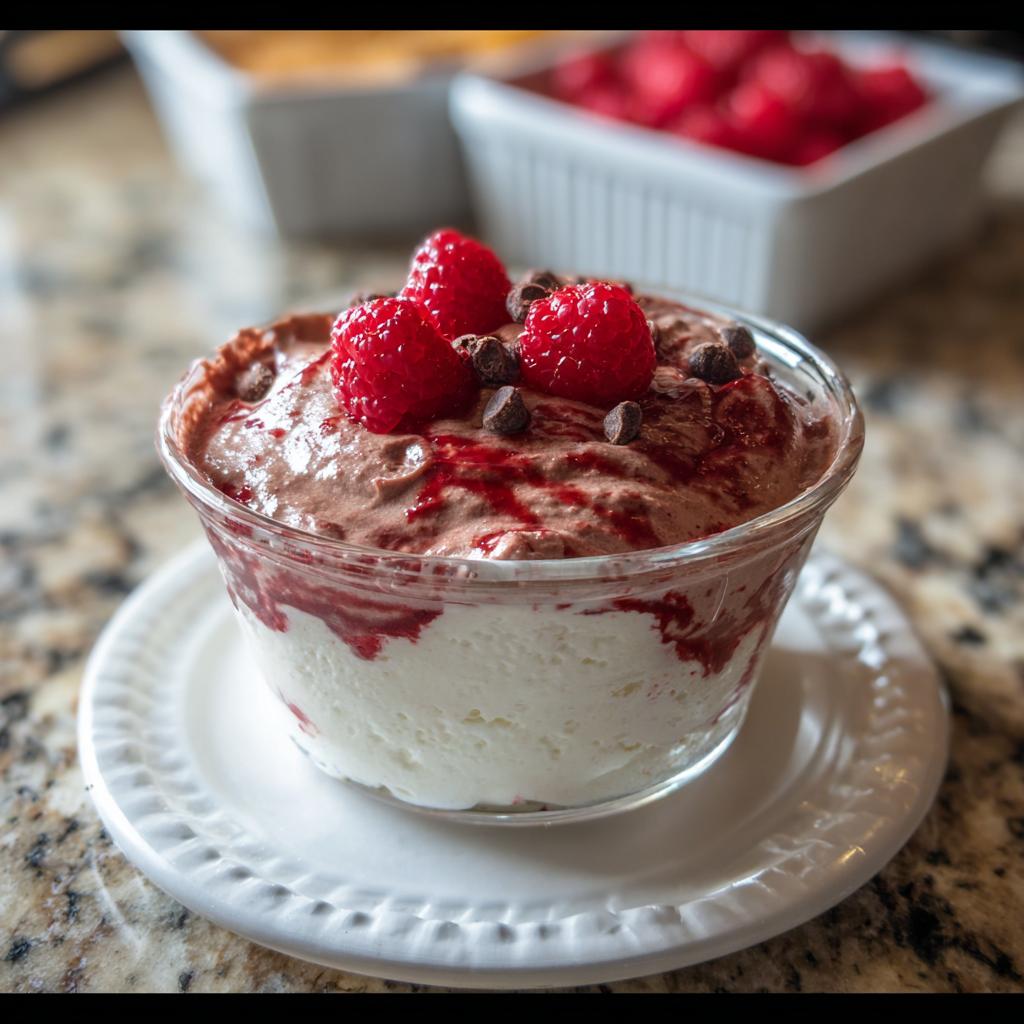 A delicious Cottage Cheese Raspberry Mousse served in a glass bowl, topped with fresh raspberries and chocolate chips.
