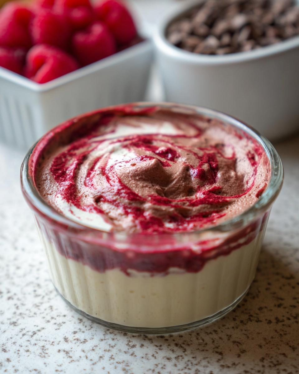A close-up of a glass ramekin filled with creamy Cottage Cheese Raspberry Mousse, swirled with raspberry puree.