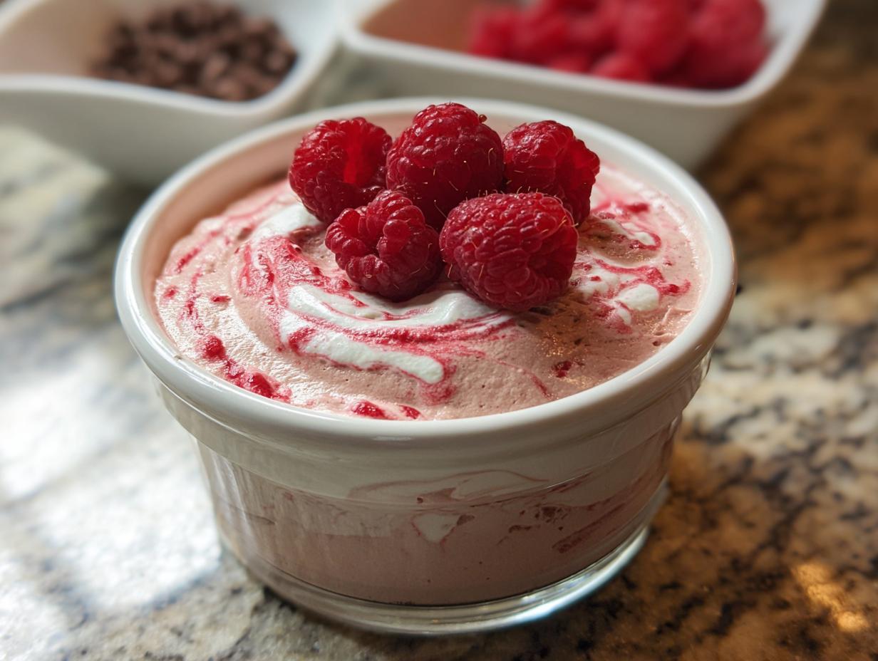 A close-up of a white ramekin filled with pink Cottage Cheese Raspberry Mousse, topped with fresh raspberries and a swirl of cream.