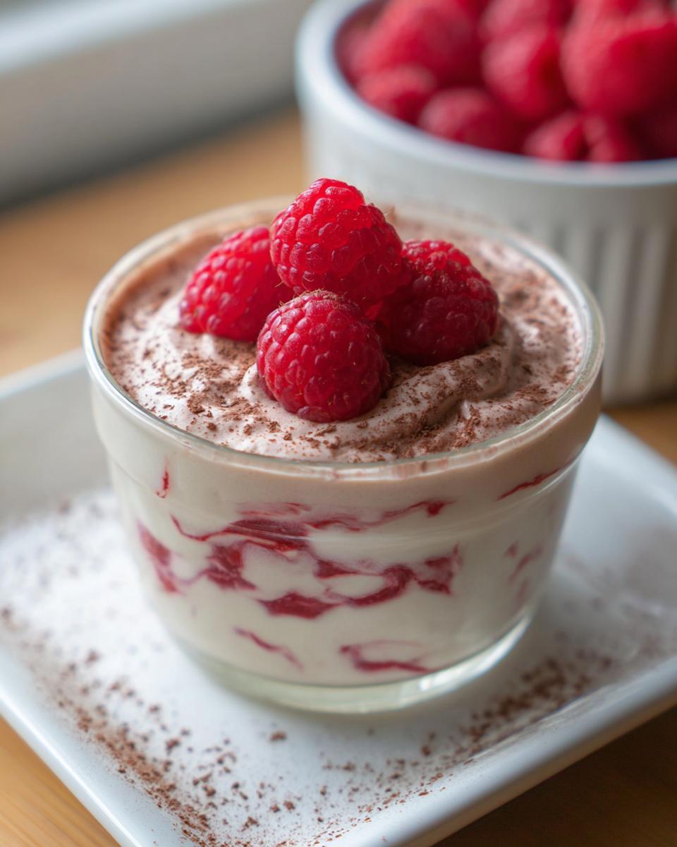 A close-up of a glass dish filled with creamy Cottage Cheese Raspberry Mousse, topped with fresh raspberries and a dusting of cocoa powder.