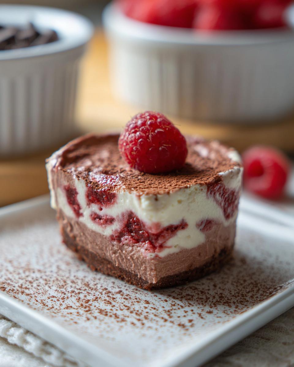 A close-up of a slice of Cottage Cheese Raspberry Mousse, topped with a fresh raspberry and dusted with cocoa powder.