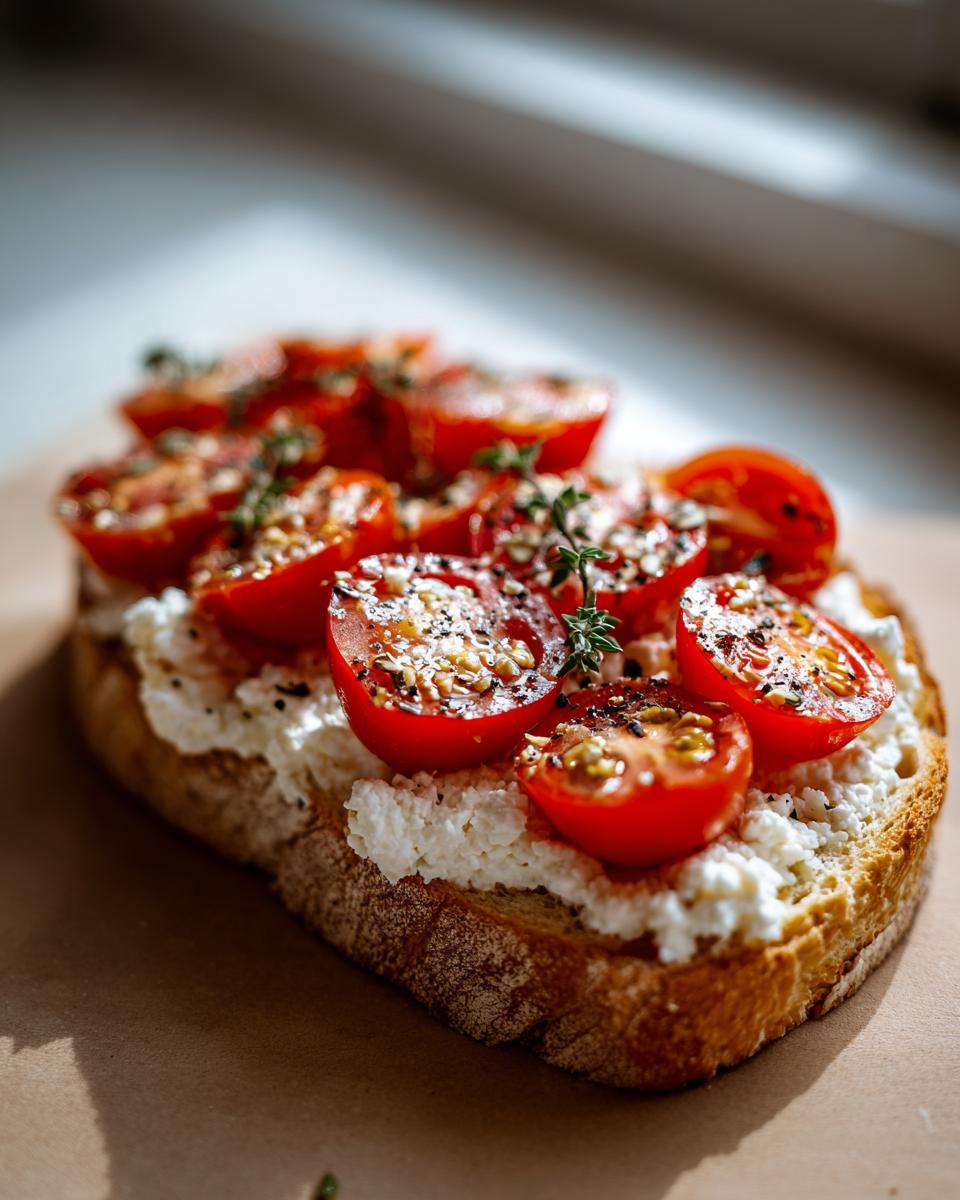 A slice of toasted bread topped with creamy cottage cheese and halved cherry tomatoes, seasoned with herbs and spices.
