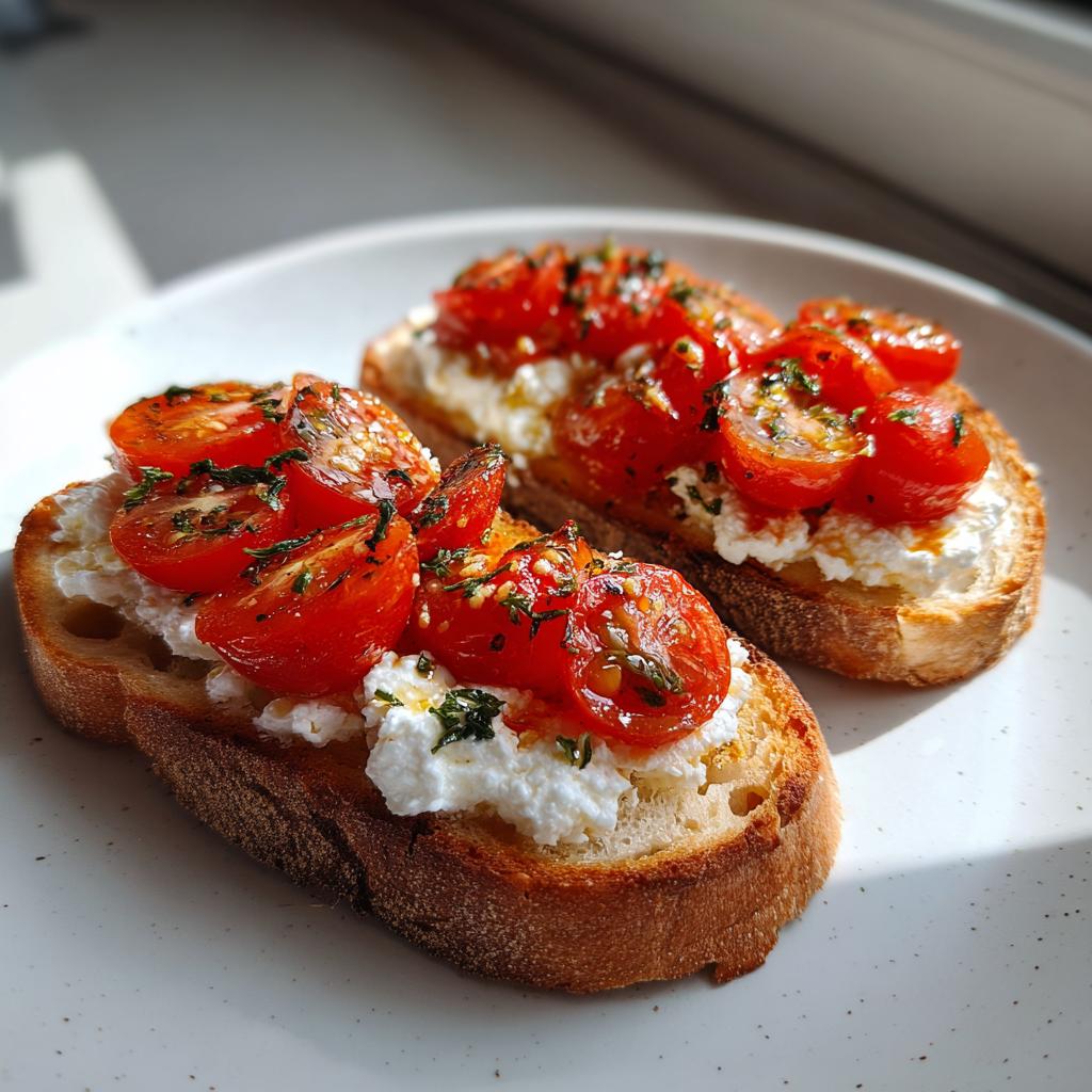 Two slices of cottage cheese toast topped with halved cherry tomatoes and herbs, a perfect healthy lunch idea.