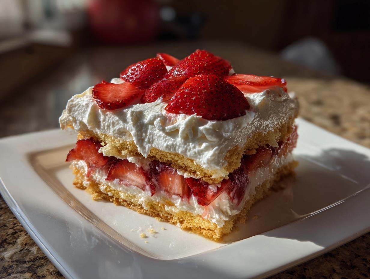 A slice of creamy strawberry icebox cake with layers of sponge cake, whipped cream, and fresh strawberries.
