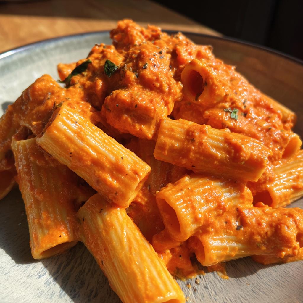 A close-up of rigatoni pasta coated in a rich, creamy tomato sauce, garnished with herbs.