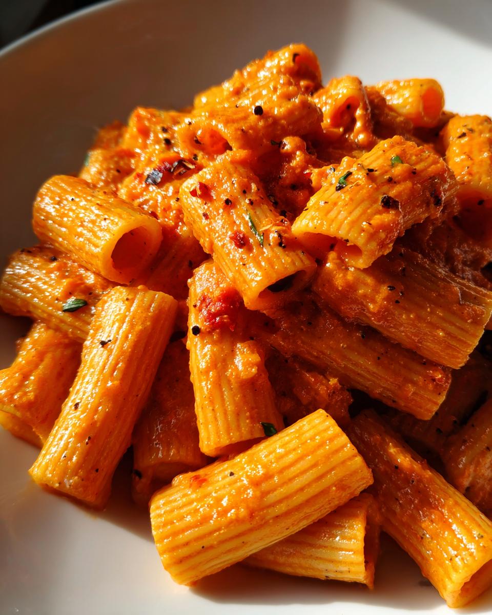 Close-up of creamy tomato rigatoni pasta, a quick and delicious pasta recipe.