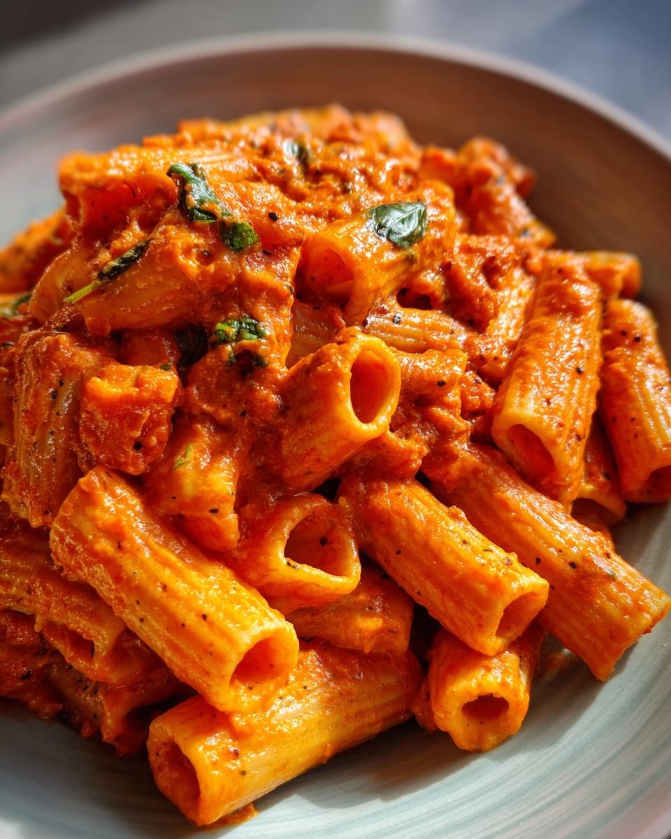 Close-up of creamy tomato rigatoni pasta in a bowl, garnished with fresh basil.