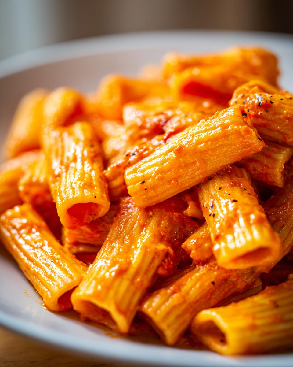 Close-up of creamy tomato rigatoni pasta in a white bowl, seasoned with black pepper.