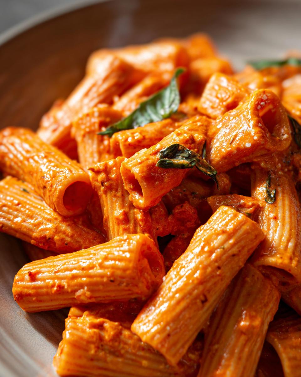 Close-up of creamy tomato rigatoni pasta, coated in a rich sauce and garnished with basil leaves.