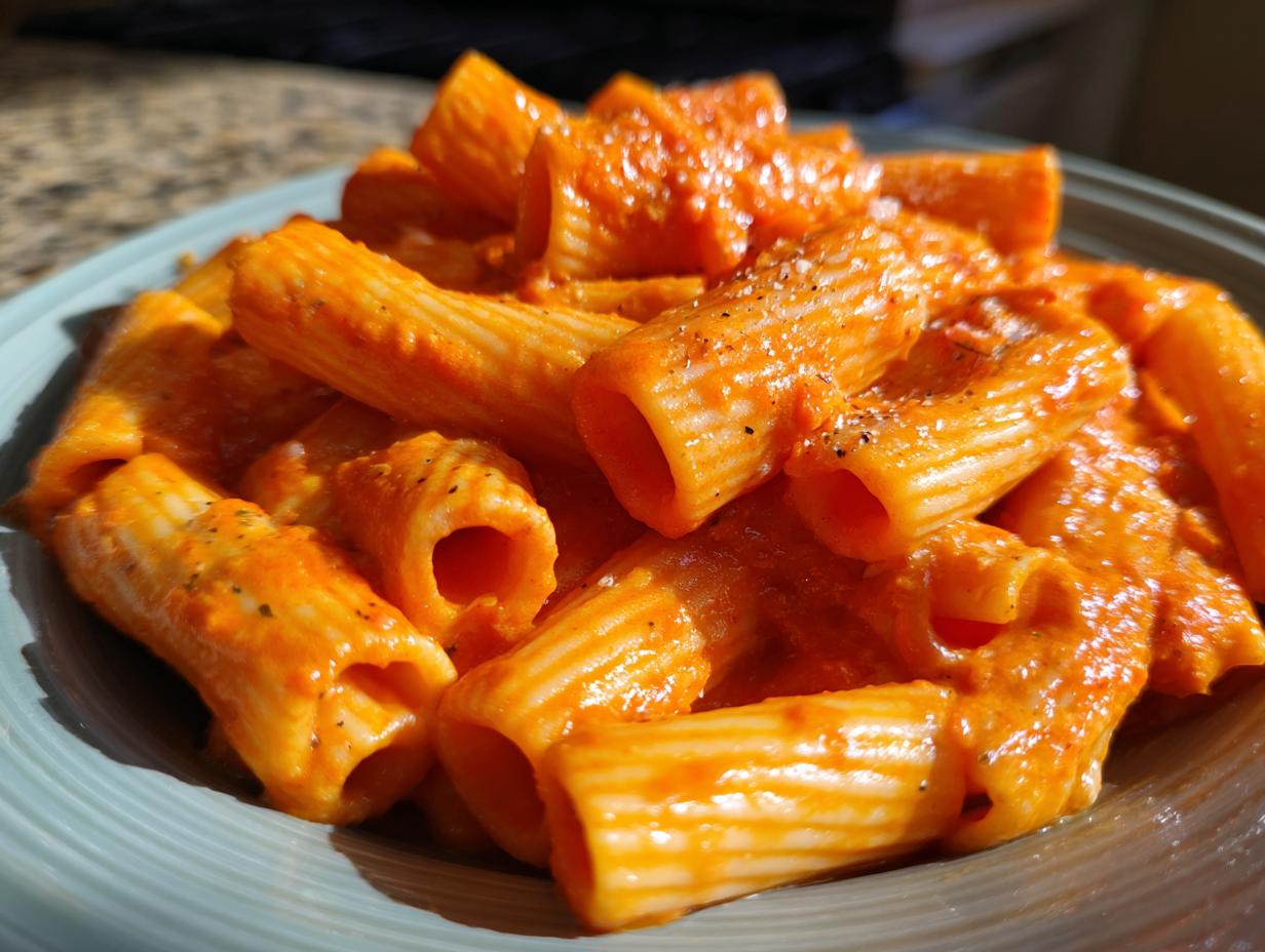 A close-up of creamy tomato rigatoni pasta on a blue plate, seasoned with black pepper.