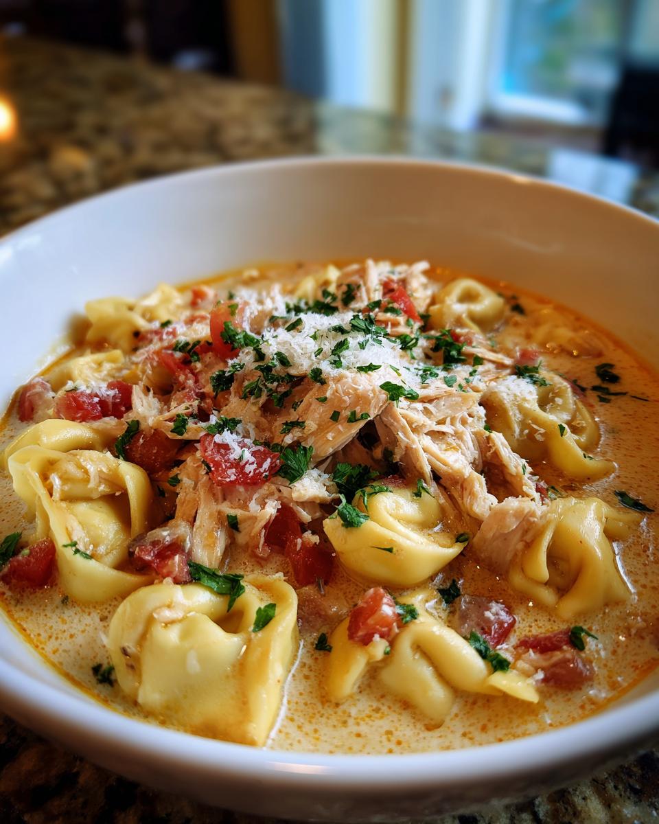 A close-up of a bowl of creamy tortellini soup with shredded chicken, diced tomatoes, and fresh parsley.
