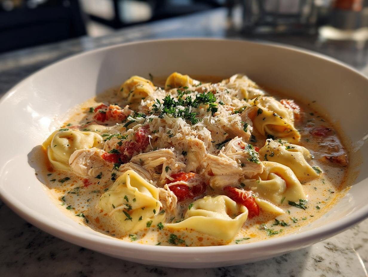 A bowl of creamy tortellini soup with shredded chicken, diced tomatoes, and fresh parsley, perfect for slow cooker recipes.