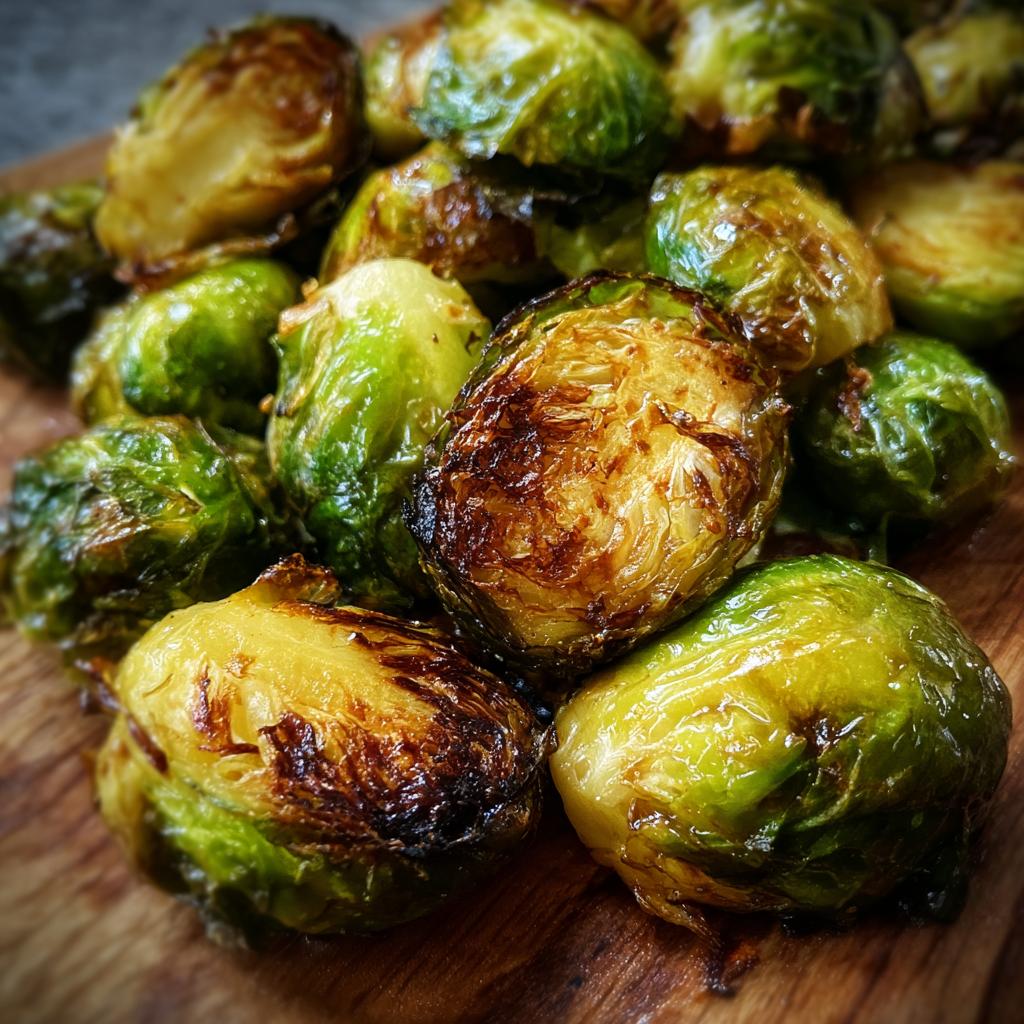 Close-up of perfectly crispy and caramelized air fryer brussels sprouts on a wooden board.