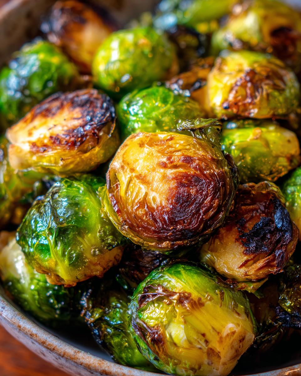 A close-up, detailed shot of perfectly crispy and caramelized air fryer Brussels sprouts in a bowl.