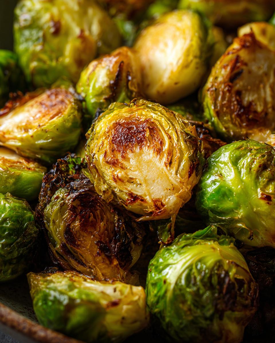 Close-up of perfectly caramelized and crisp air fryer brussels sprouts, showcasing their golden-brown edges.