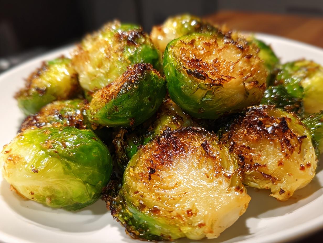Close-up of perfectly crispy and caramelized air fryer brussels sprouts on a white plate.