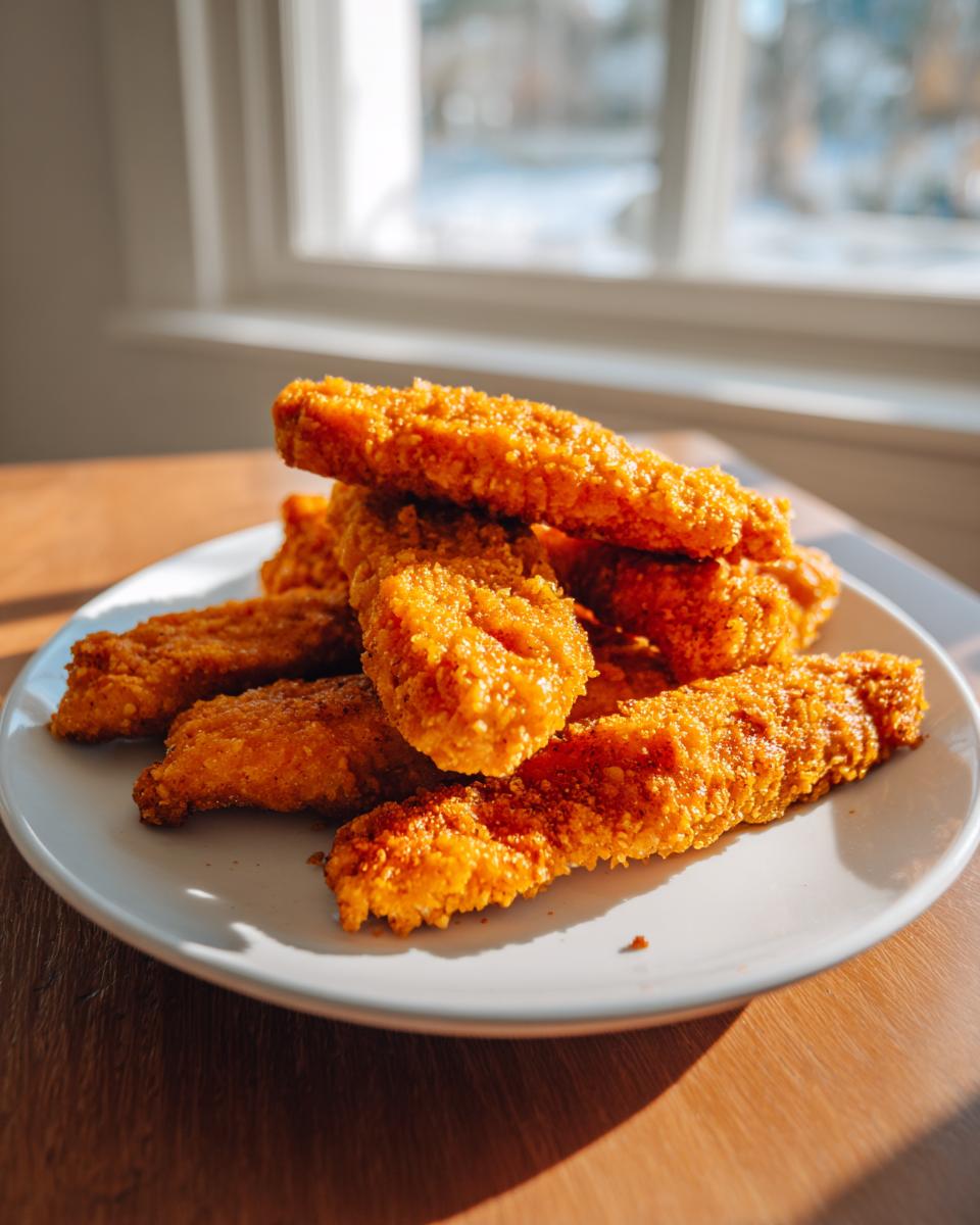 A pile of golden-brown, crispy air fryer chicken tenders on a white plate, ready to be enjoyed.